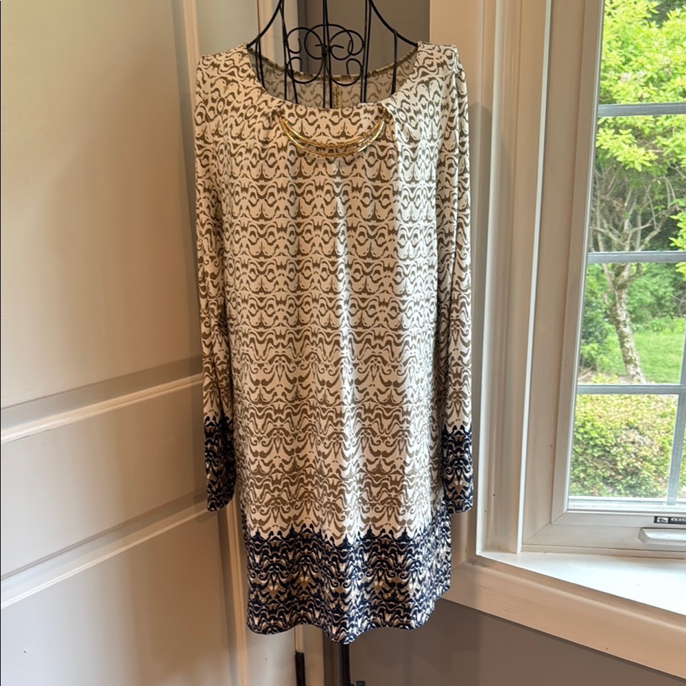 Perception concept, scoopneck, blue, and khaki contemporary style dress